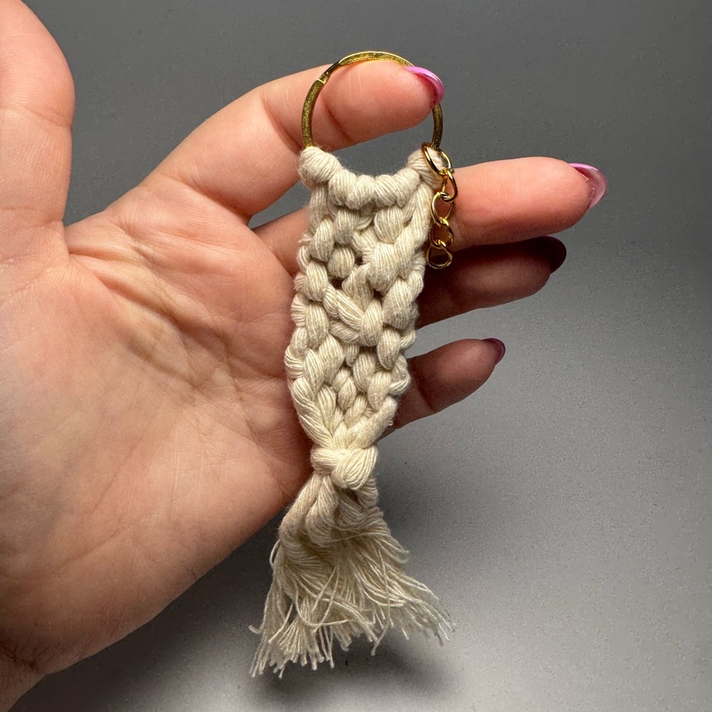 Cream Macrame Keychain Tassel Woven Bag Charm w/Gold Key Ring | Gifts